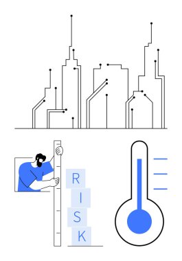 Devre dizaynlı dijital şehir manzarası, risk bloklarını ölçen kişi ve ısıyı gösteren termometre göstergesi. Teknoloji, kentsel planlama, risk yönetimi, iklim değişikliği ve yenilik için ideal