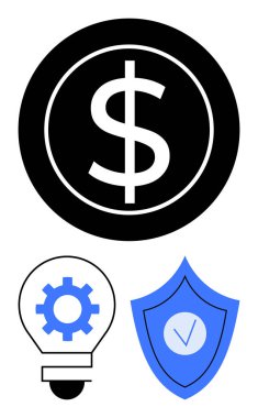 Siyah çemberdeki dolar işareti, yeniliği simgeleyen ampul teçhizatı, güvenlik işaretli kalkan. Finans, yenilik, koruma, yatırım, iş stratejisi, yaratıcı