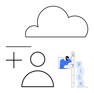 Bulut çizgisi, kullanıcı simgesi, artı çizgi şekilleri, risk bloklarıyla etkileşim halinde olan kişi. Teknoloji, veri güvenliği, takım çalışması, yenilik, karar verme stratejisi için ideal basit iniş sayfası