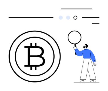 Büyük Bitcoin işareti ve büyüteç tutan kişi kripto para soruşturmasını sembolize ediyor. Finans, yatırım, engelleme zinciri, dijital para, fintech, teknoloji, düz basit metafor