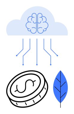Buluttaki beyin, birbirine bağlı devre çizgileri, ekonomiyi sembolize eden madeni para, çevreci dostluk için yaprak. Yapay zeka yeniliği, veri, akıllı teknoloji, sürdürülebilirlik, fintech eko-teknoloji basit iniş sayfası için ideal