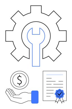 Teknik hizmetler için vites ve ingiliz anahtarı, maddi yardım için el ele tutuşmak, uyum için sertifikalı belge. Hizmet, finans, iş, sertifika, destek, güvenilirlik için ideal basit