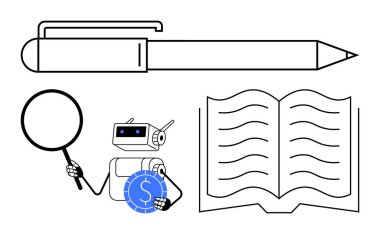 Robot elinde büyüteç ve para, açık kitap ve kalem, araştırma, otomasyon, eğitim, finansal analiz ve teknolojiyi temsil ediyor. Yapay zeka için idealdir, fintech iş yenilikleri yazmak