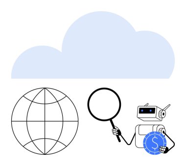 Bir dünyanın üzerinde uçan bulut, büyüteç ve kripto para tutan yapay zeka robotu. Yapay zeka yeniliği, küresel teknoloji, bulut hizmeti, finans teknolojisi, veri güvenliği, analitik, dijital