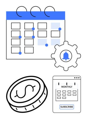 Takvim ızgarası, dişli ve çan simgesi, dolar işareti ve abonelik düğmesi olan para. Ödeme planları, hatırlatıcılar, mali araçlar, abonelikler, programlama, otomasyon sade iniş sayfası için ideal