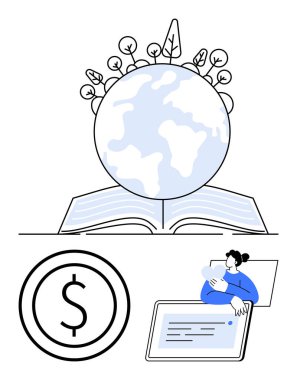 Dünya ve bitkilerin olduğu açık bir kitap, tablet üzerindeki küresel eğitim kullanıcısını sembolize eder. Eğitim, sürdürülebilirlik, finans, e-öğrenim, dijital için ideal