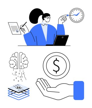 Belgelerle çalışan, zamanı yöneten, teknolojiyi kullanan bir kadın. Yapay zeka, engelleme katmanları, para yenilik, finans ve çözümleri temsil eder. İş teknolojisi için ideal AI engelleme teknolojisi