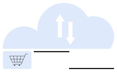 Oklu bulut veri alışverişini ve alışveriş arabası simgesini gösteriyor. E-ticaret, bulut depolama, veri transferi, çevrimiçi alışveriş, dijital hizmetler, SaaS modelleri, basit iniş sayfası için ideal