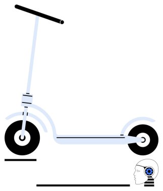 Pürüzsüz tasarımı olan elektrikli scooter ve yapay zeka donanımlı insan kafası teknolojik yenilikleri, hareketliliği ve akıllı ulaşımı vurguluyor. Yapay zeka, sürdürülebilirlik, kentsel hareketlilik ve teknoloji için ideal