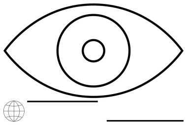 Merkezinde eşmerkezli daireler ve altında küçük bir küre olan minimalist göz çizgisi. Vizyon, gözetim, yenilik, odaklanma, anlayış, teknoloji ve bağlantı temaları için ideal. Düz basit metafor