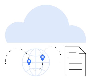 Bulut iki lokasyon iğnesi ve bir belge ile bir kürenin üzerinde süzülüyor. Veri depolama, dosya paylaşımı, uzaktan erişim, küresel bağlantı, bulut hesaplama, iletişim, düz basit metafor