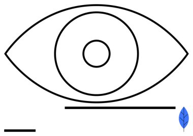 Özmerkezli mor göz çizgisi, siyah yatay çizgiler ve küçük mavi bir yaprak. Vizyon, yaratıcılık, farkındalık, doğa, gözlem, basitlik için basit iniş sayfası
