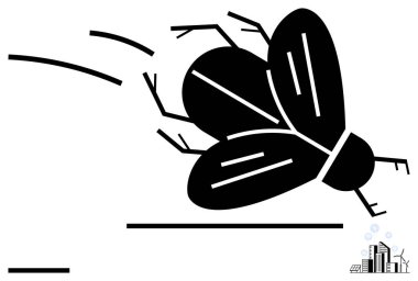 Binaları ve türbinleri olan küçük bir şehir üzerinde uçan dinamik çizgileri olan büyük siyah bir böcek. Ekoloji, çevre, ölçek karşılaştırması, kentsel tasarım, sürdürülebilirlik, doğa, basit