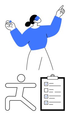 Kendine güveni tam, işaretlenmiş eşyalarla kontrol listesi panosu, soyut insan figürü. Motivasyon, üretkenlik, hedef belirleme, ilham, planlama, basit iniş sayfaları için ideal