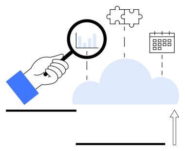 Grafik, bulmaca parçası ve takvimle büyüteç üzerinde el ele tutuşmak. Veri analizi, bulut entegrasyonu, proje yönetimi, takım çalışması, sistem optimizasyonu ve planlama araçları için ideal