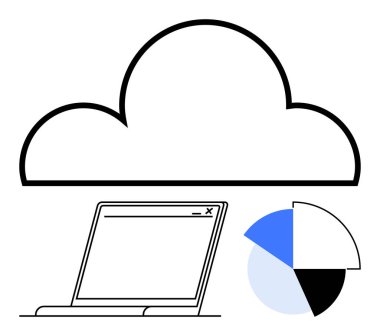 Bilgisayar penceresi ve pasta grafiğinin üzerindeki bulut grafiği dijital depolama, veri paylaşımı ve analizi temsil ediyor. Teknoloji, bulut depolama, veri görselleştirme, internet, iş için ideal