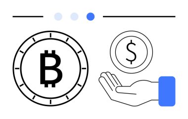 Bitcoin para, dolar para, uzatılmış el, ilerleme göstergeleri. Kripto para birimi, engelleme zinciri, ödeme, yatırım, finans bankacılığı için ideal