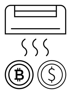Havalandırma ünitesi altında şifreli para ve dolar para sembolleriyle buhar yayıyor. Finans, kripto para birimi, yatırımlar, ekonomik sistemler, enerji maliyetleri, teknoloji ve basit iniş için ideal