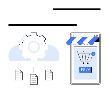 Bulut dişlisi işleme belgelerinin yanında akıllı bir telefondan online alışveriş arabası. E-ticaret, dijital iş, otomasyon, çevrimiçi ödeme, veri yönetimi, iş akışı, yenilik için ideal. Düz basit