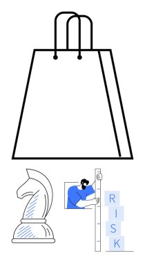 Siyah çizgili alışveriş çantası, satranç şövalyesi ve işaretli blokları ölçen kişi. İş stratejisi, ekommerce, ölçüm, karar verme, risk yönetimi, sorun çözme basit