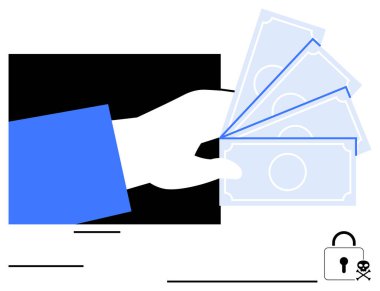 Finansal değişimi, güvenlik ihlallerini, çevrimiçi sahtekarlığı temsil eden kafatası ikonuyla el ele verip kilitlemek. Finans, siber güvenlik, ekonomi, bankacılık, suç, uyarılar için ideal basit