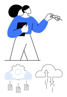 Elinde bir tablet ve yaprak tutan kadın ekolojik bilinci simgeliyor. Bulut veri yükleme, dosya yönetimi ve optimizasyonunu gösterir. Sürdürülebilirlik, teknoloji, yenilik, iş akışı, eko-teknoloji için ideal