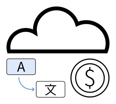 Dil çeviri simgeleri ve para birimi olan bir bulut. Finans, küreselleşme, iletişim, çeviri, teknoloji, bulut servisi ve basit iniş sayfası için ideal