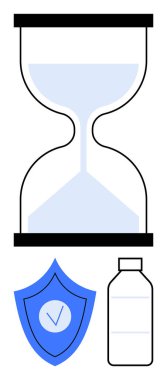 Mavi sıvı kum saati, işaretli kalkan ve su şişesi. Zaman, güvenlik, sürdürülebilirlik, refah, çevre bilinci, üretkenlik için ideal basit iniş sayfası