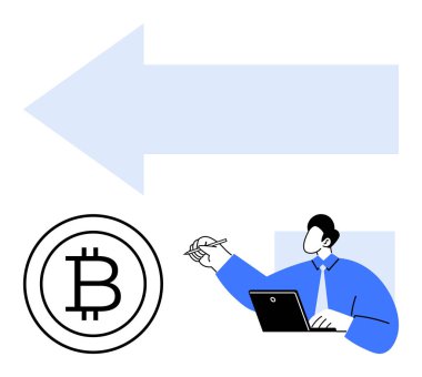 Bitcoin sembolü, büyük sol ok ve dizüstü bilgisayarda çalışan iş figürü. Kripto para birimi, finans, engelleme zinciri, teknoloji, yatırım karar verme stratejisi için idealdir. Düz basit metafor