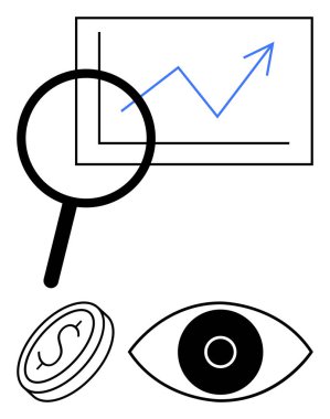 Büyüme grafiğini inceleyen büyüteç, odaklanmayı vurgulayan göz, finansı temsil eden para. Veri analizi, pazar araştırması, iş stratejisi, finans, vizyon, analitik sade iniş için ideal