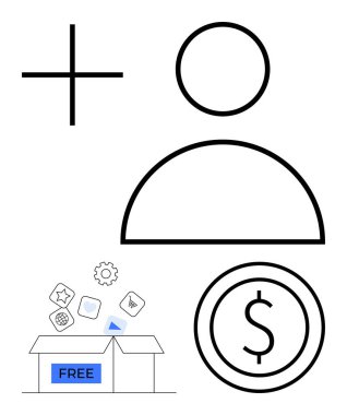Dolar para birimi işaretli, artı sembollü kullanıcı profili simgesi ve uygulama simgeleri içeren ücretsiz etiketli bir kutu. Finans, kullanıcı ayarları, başlangıç araçları, teknoloji ürünleri, indirmeler, çevrimiçi hizmetler için ideal