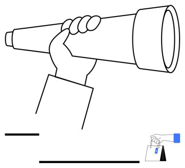 Keşif için bir teleskopu kavrayan el, alışveriş çantasına etiket yerleştiren bir el ile eşleştirildi. Keşif için ideal, vizyon, perspektif, ticaret, tüketici davranışı, fırsat, düz basit metafor