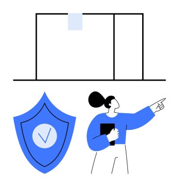 Kadın karakter, onaylanmış güvenliği simgeleyen bir kalkanla tahtayı işaret ediyor. Eğitim, güven, güvenlik, liderlik, rehberlik, teknoloji, uyum için ideal, basit iniş sayfası