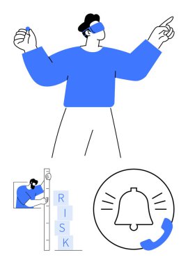 Göz bağı takan adam belirsizliği yönetir, yığılma bloklarını ve alarm sinyallerini kullanarak risk ölçer. Karar verme, risk yönetimi, dikkat temaları ve kriz iletişimi için ideal