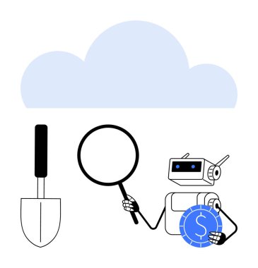 Robot, kürek altında kürek yanında büyüteç ve para tutuyor. Teknoloji, finans, bulut hesaplama, yapay zeka, kripto para, veri analizi ve gelecekteki yenilikler için ideal. Düz basit metafor