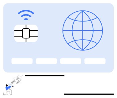 Küresel iletişimi sembolize eden bir kürenin yanında kablosuz sinyal simgesi olan SIM kart. Teknoloji, ağ, telekomünikasyon, dijital güvenlik, küresel ödeme, internet ve basit iniş için ideal