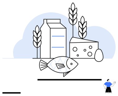 Süt kutusu, peynir, balık, buğday sapı ve minimalist tarzda sıralanmış yumurta. Beslenme, sağlıklı beslenme, gıda sürdürülebilirliği, tarım organik ürünleri bakkal alışverişi için idealdir.