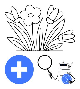 Robot, çiçeklerin yanında büyüteç, mavi sağlık sembolü ve madeni para simgesi tutuyor. Teknoloji, yapay zeka, sürdürülebilirlik, sağlık, finans çevresi araştırmaları için ideal. Düz basit metafor