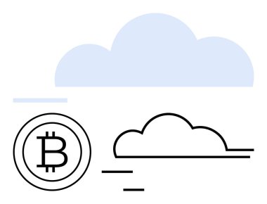Bulut yapısının yanında dijital işlemleri ve depolamayı temsil eden minimum elementlerle birlikte bitcoin para. Kripto para birimi, engelleme zinciri, teknoloji, veri değişimi, çevrimiçi güvenlik ve fintech için ideal