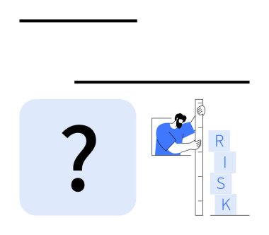 RİSK bloklarını büyük bir soru işaretinin yanında cetvelle ölçen adam. Karar verme, analiz, risk değerlendirmesi, sorun çözme, iş stratejisi, finansal planlama için ideal