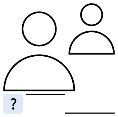 Metin için yer tutucu satırları olan iki minimalist profil avatarı. Bir büyük ve bir küçük figür, soru işareti kutusuyla birlikte. Kullanıcı arayüzü, hesap kurulumu, profil oluşturma için ideal