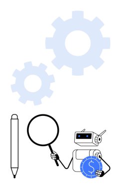 Robot elinde büyüteç, arka planda dişlilerle dolar paralarını inceler verimliliği, yeniliği ve işlem optimizasyonunu sembolize eder. Finans, teknoloji, araştırma, otomasyon için ideal.
