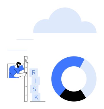 Risk bloklarını dairesel çizelge ve bulut ile dengeleyen kişi. Risk yönetimi, veri analizi, iş stratejisi, bulut hesaplama, karar verme, finansal planlama, basit iniş için ideal