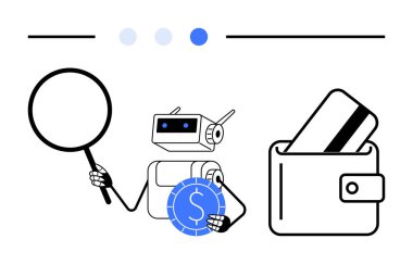 Robot, cüzdanının yanında büyüteç ve bozuk parayı kredi kartıyla tutuyor, dijital ödemeyi vurguluyor, yapay zeka, araştırma, fintech, siber güvenlik, finans yönetimi ve yenilik. Düz basit metafor