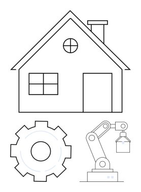 Ev yapısı, mekanik teçhizat, robot kolu görselleştirme yenilik, mühendislik, sürdürülebilirlik. Akıllı ev, teknoloji, otomasyon, endüstri mühendisliği için ideal. Basit iniş trendleri.