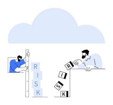 Düşen risk bloklarını bir bulut altında istifleyen ve kontrol eden iki kişi, stratejik planlama, risk azaltma, hedef belirleme, takım çalışması, problem çözme, karar verme ve basit