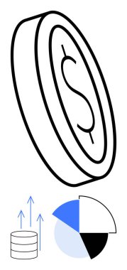 Büyüme grafiğinin ve pasta grafiğinin üzerindeki dolar madeni para, finansal istikrarı, yükselen karı, iş analitiğini, veri görselleştirmesini, zenginlik yönetimini, finansal hedefleri, düz basit metaforu simgeliyor.