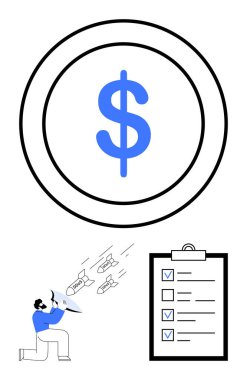 Merkezi cesur dolar işareti, işaretli görevler listesi, ve kalkan saptırıcı mermiler tutan bir figür. Finans yönetimi, risk azaltma, hedef başarısı, stratejik planlama için ideal
