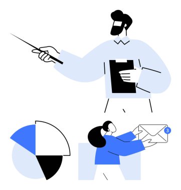 İşaretçi sunumu olan bir adam, e-postası olan bir kadın, pasta grafiği görselleştirmesi. Takım çalışması, analiz, strateji, iletişim, işbirliği verimlilik eğitimi için ideal. Düz basit metafor