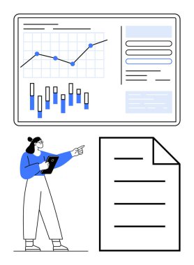Tablet puanları olan kadın analitikte grafikler, çizelgeler ve metinler sergiliyor. Yanında bir belge var. Veri analizi, raporlama, sunumlar, iş anlayışı ve öğrenme için ideal